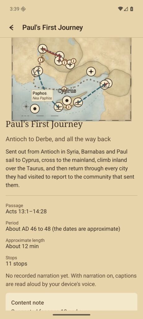 The details page for Paul's First Journey on Android: passage Acts 13:1–14:28, period, length and a content note.