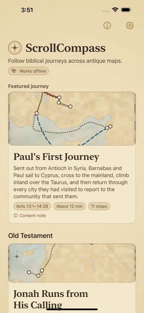 The ScrollCompass journey library, with Paul's First Journey featured.