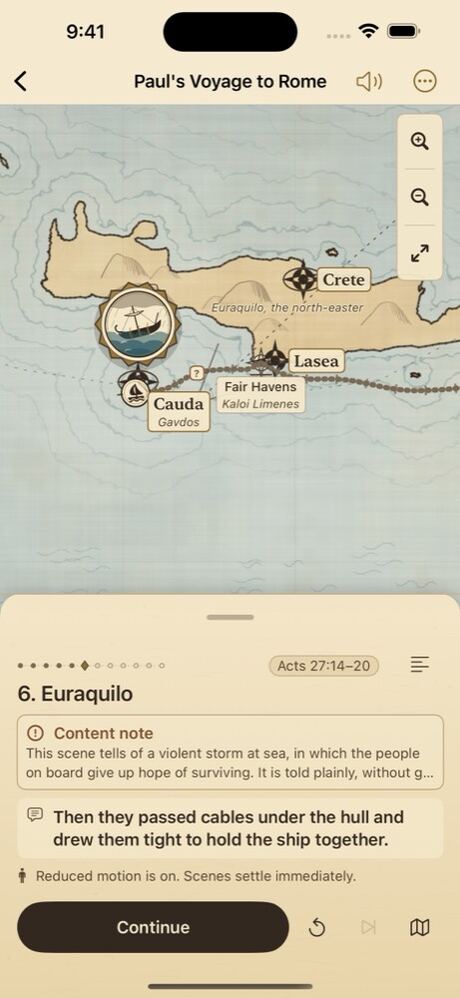 ScrollCompass on iPhone: Paul's Voyage to Rome, with the ship's route drawn past Crete and the caption for scene 6, Euraquilo.