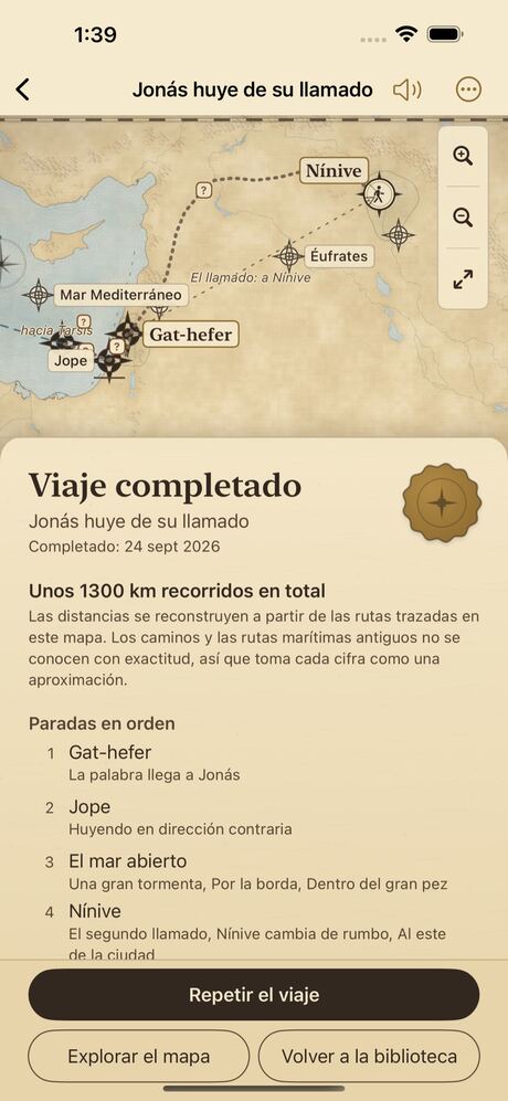 ScrollCompass en iPhone: el resumen de Jonás huye de su llamado, con unos 1300 km recorridos y las paradas en orden.