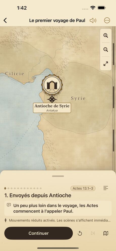 ScrollCompass sur iPhone : Le premier voyage de Paul, scène 1, « Envoyés depuis Antioche », sur la carte de la Méditerranée orientale.