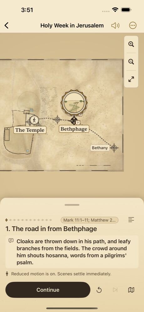 Holy Week in Jerusalem on iPhone: the route from Bethphage drawn on a plan of the city, with the caption for scene 1.