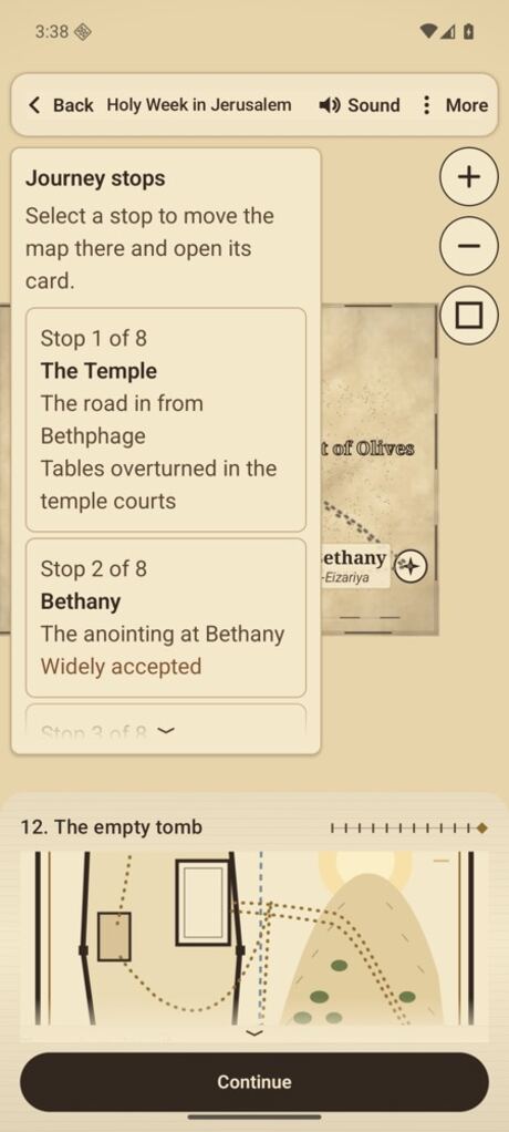ScrollCompass on Android: the Journey stops list for Holy Week, starting with The Temple and Bethany.
